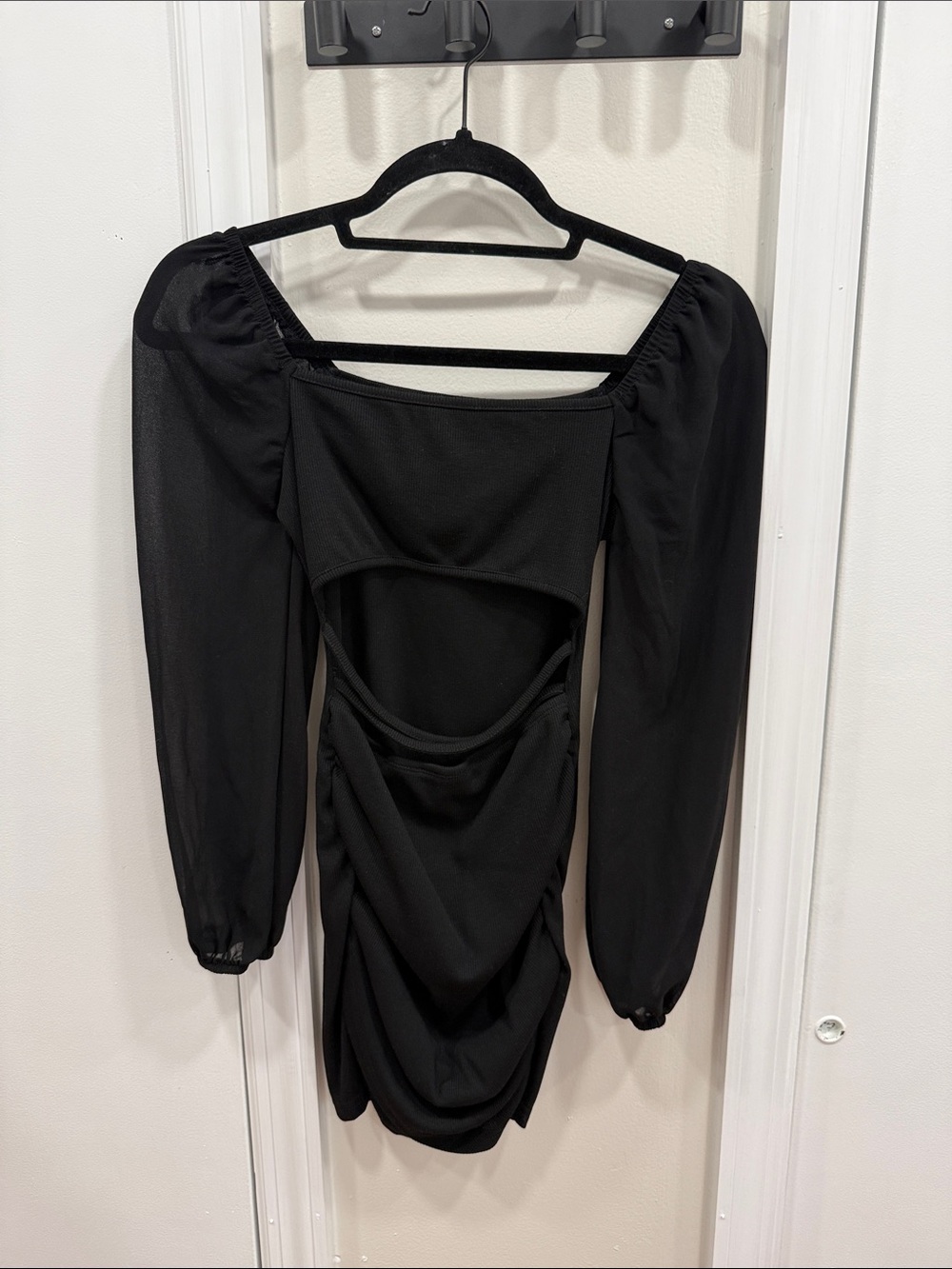 Black Cut-Out Mini Dress with Sheer Puff Sleeves